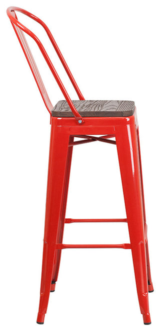 30" High Metal Barstool With Back and Wood Seat, Red
