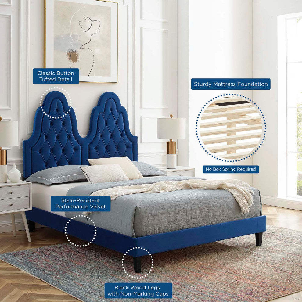 Tufted Platform Bed Frame, Twin Size, Velvet, Blue Navy, Modern Contemporary