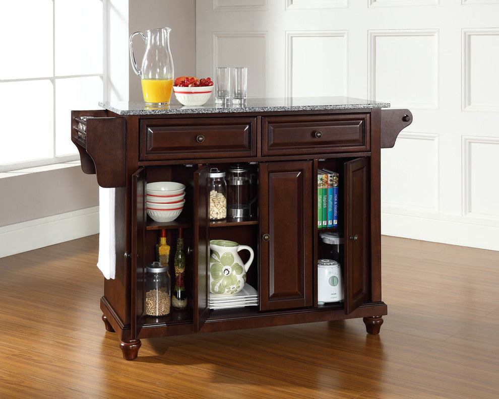 Cambridge Solid Granite Top Kitchen Island, Vintage Mahogany Finish