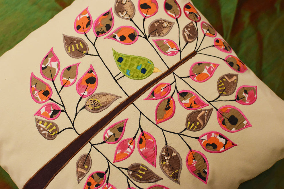 Beige Tree of Life Bird Decorative Pillow Cover Cotton Applique Work 18x18"