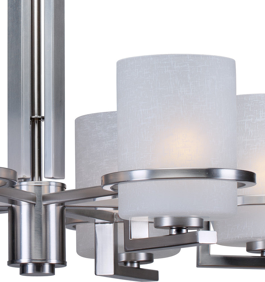 6 Light Chandelier, Brushed Nickel, White Linen Glass