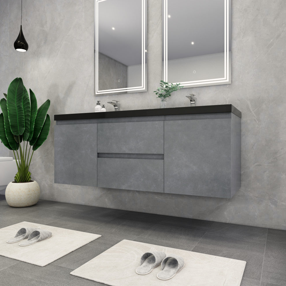 Belli 60" Double Sink Wall Mount Vanity Set, Cement Gray, Matt Black Top