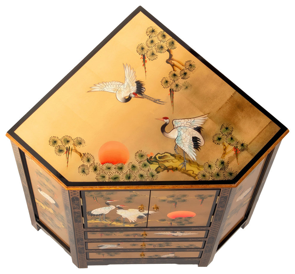Gold Lacquer Corner Cabinet Cranes
