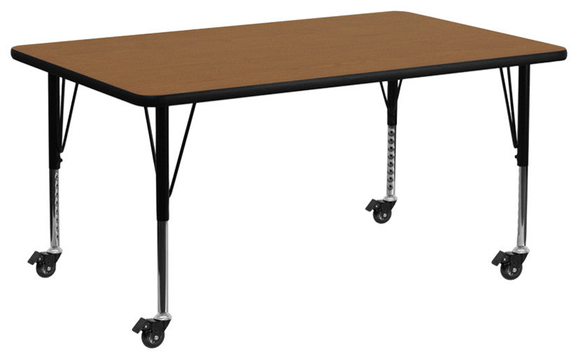 Mobile 30''W x 72''L Rectangular Oak Thermal Laminate Table - Adjustable Legs