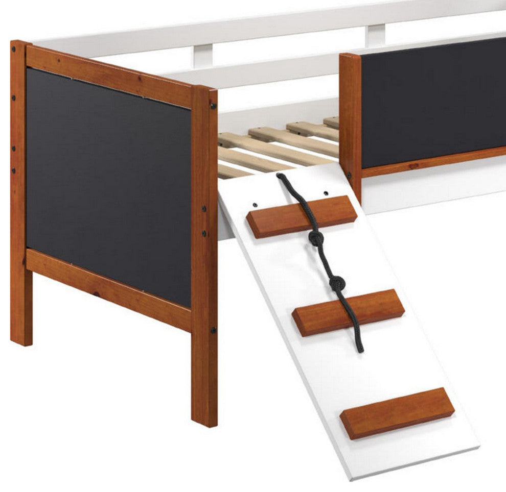 Benzara BM284033 Classic Wood Twin Loft Bed With Slide, Brown, White