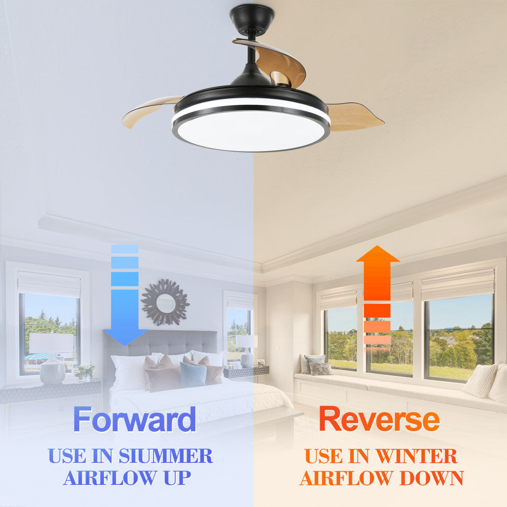 36W Reversible Ceiling Fan with Retractable Blades and Remote Control, Black