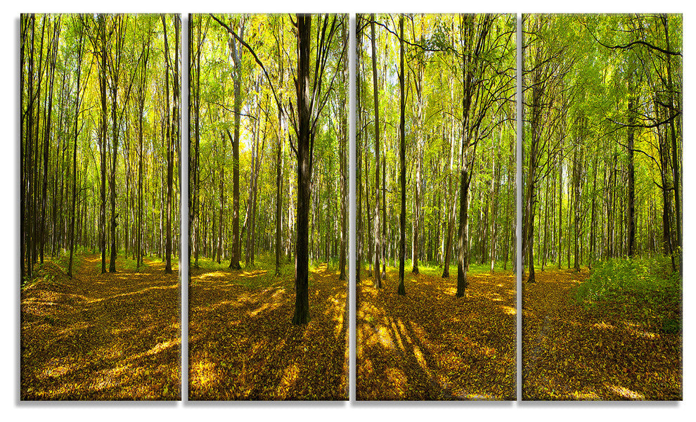Green Autumn Forest Panorama, Landscape Canvas Art Print, 48"x28", 4 Panels