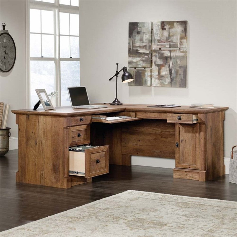 Bowery Hill Contemporary Wood L-Shape Computer Desk in Vintage Oak