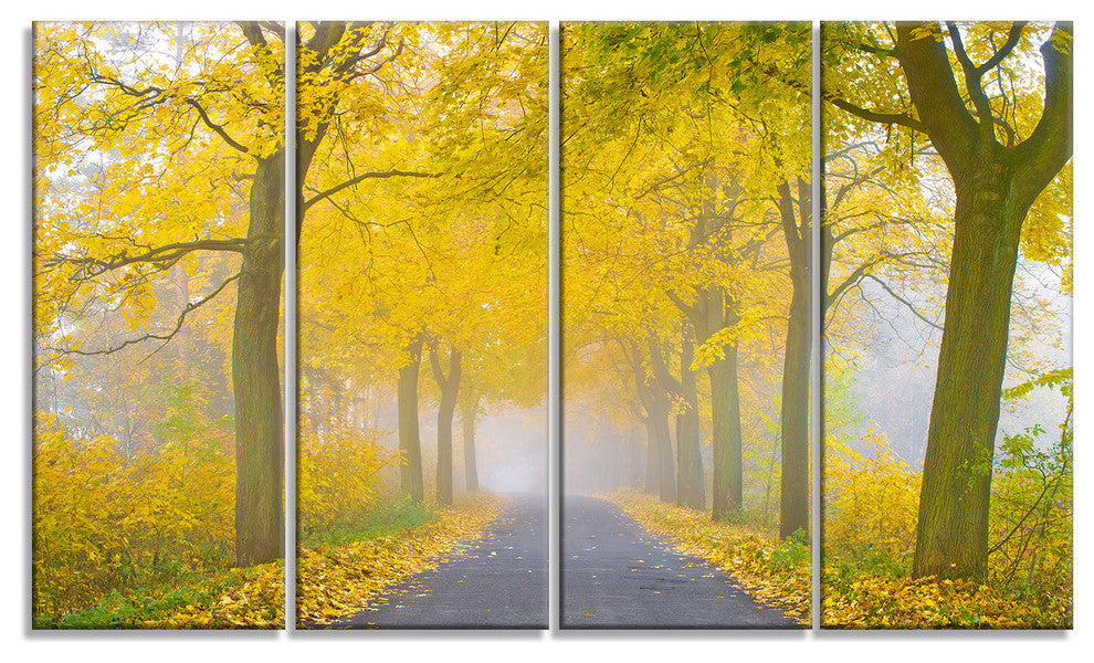"Misty Road in Yellow Autumn Forest" Photograph Print, 4 Panels, 48"x28"