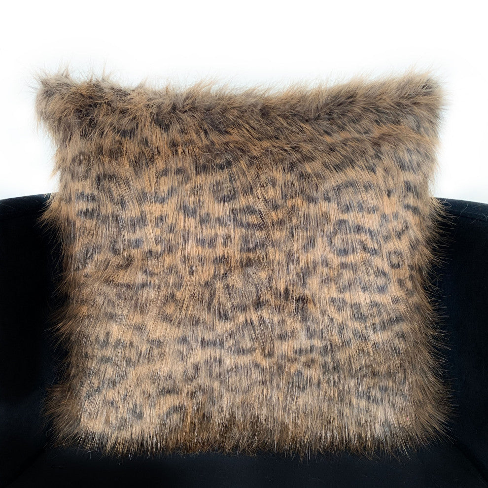 Plutus Brown Tawny WildCat Animal Faux Fur Luxury Throw Pillow, 22"x22"