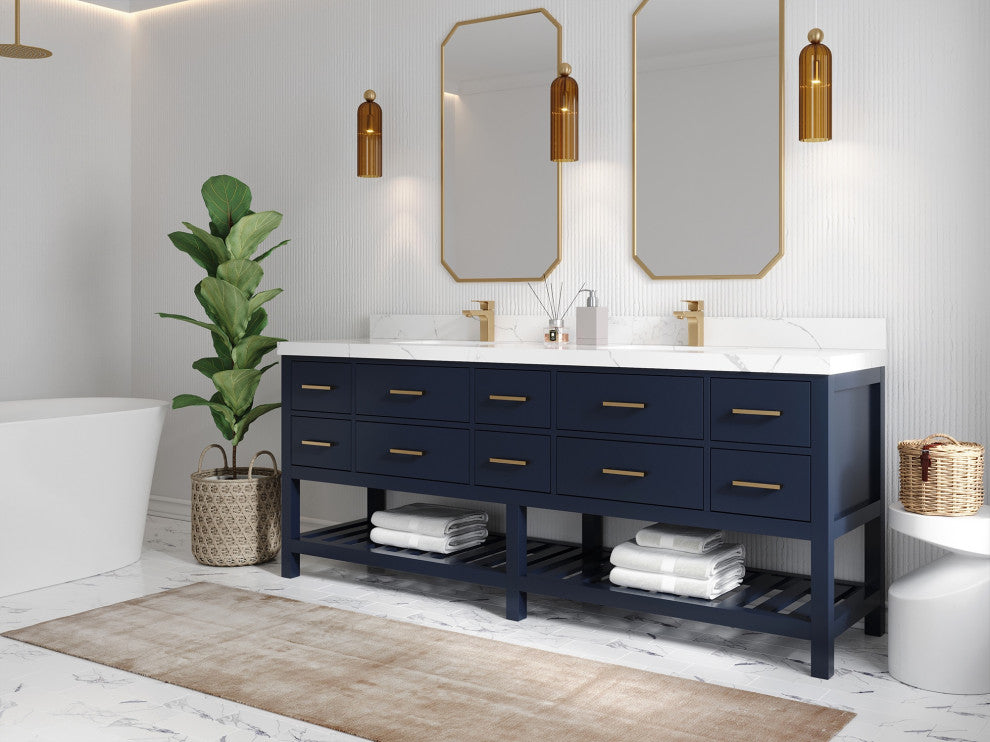 Parker 84" Double Sink Bath Vanity, Navy Blue 2" Calacatta Black