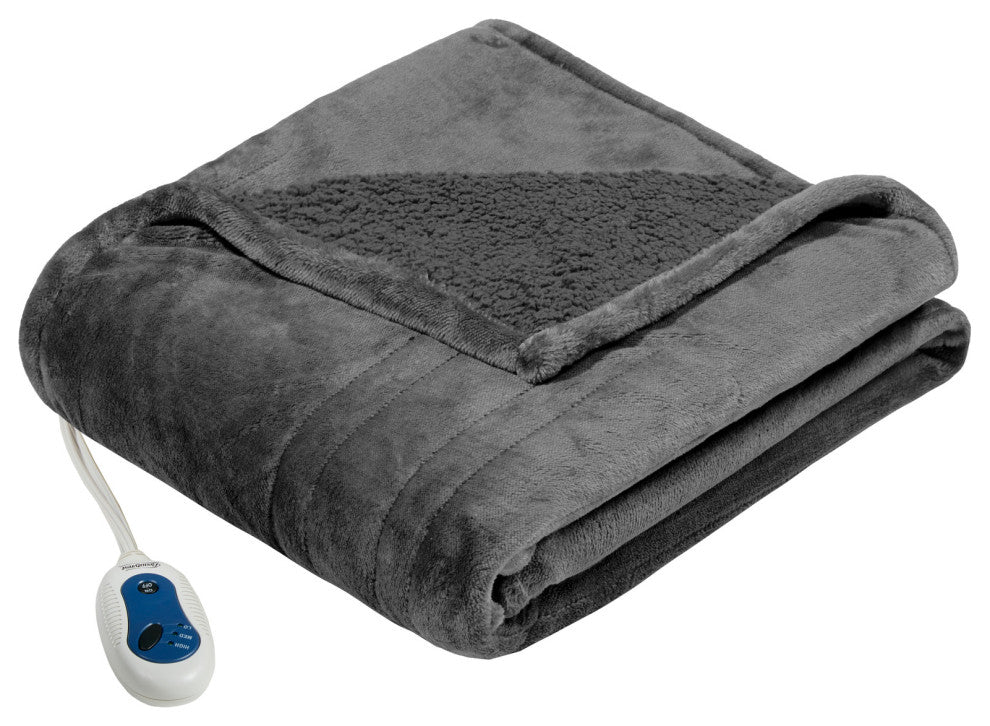 Beautyrest Microlight And Berber Solid Heated Throw, Gray