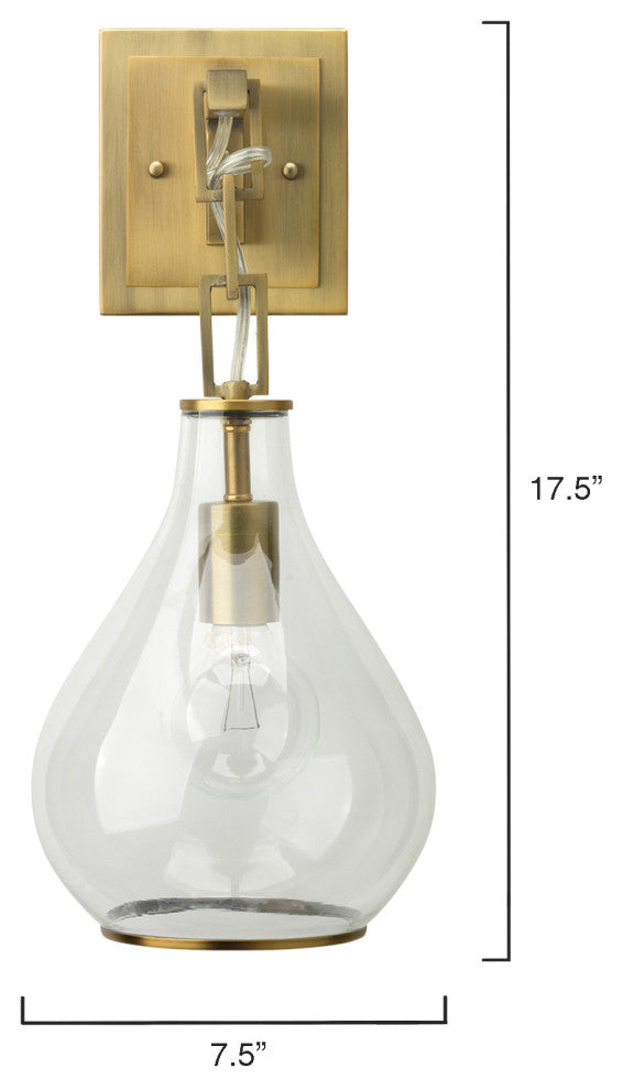 Tear Drop Hanging Wall Sconce, Clear Glass and Antique Brass