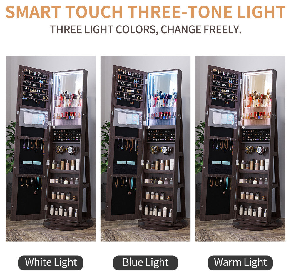 Lockable Swivel Mirrored Jewelry Cabinet Storage w/Stand & Dimmable LED Lights, Brown