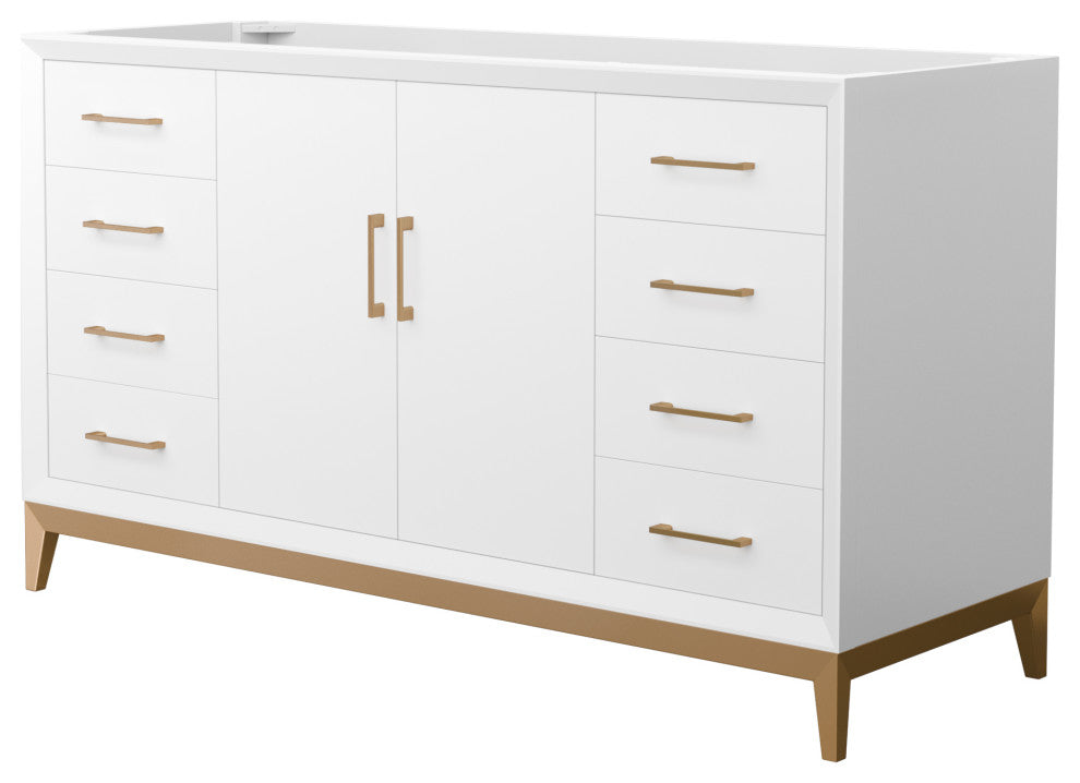 Amici 60" White Single Vanity, No Top, No Sink, Satin Bronze Trim