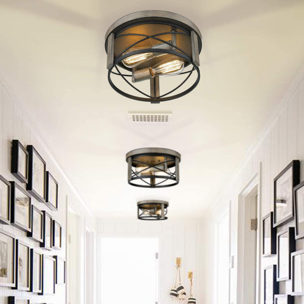 2 Light Flush Mount Light Fixture Cage Drum Wood Ceiling Lamp