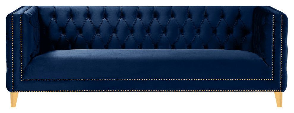 Michelle Fabric Upholstered Chair, Gold Iron Legs, Navy, Velvet, Sofa