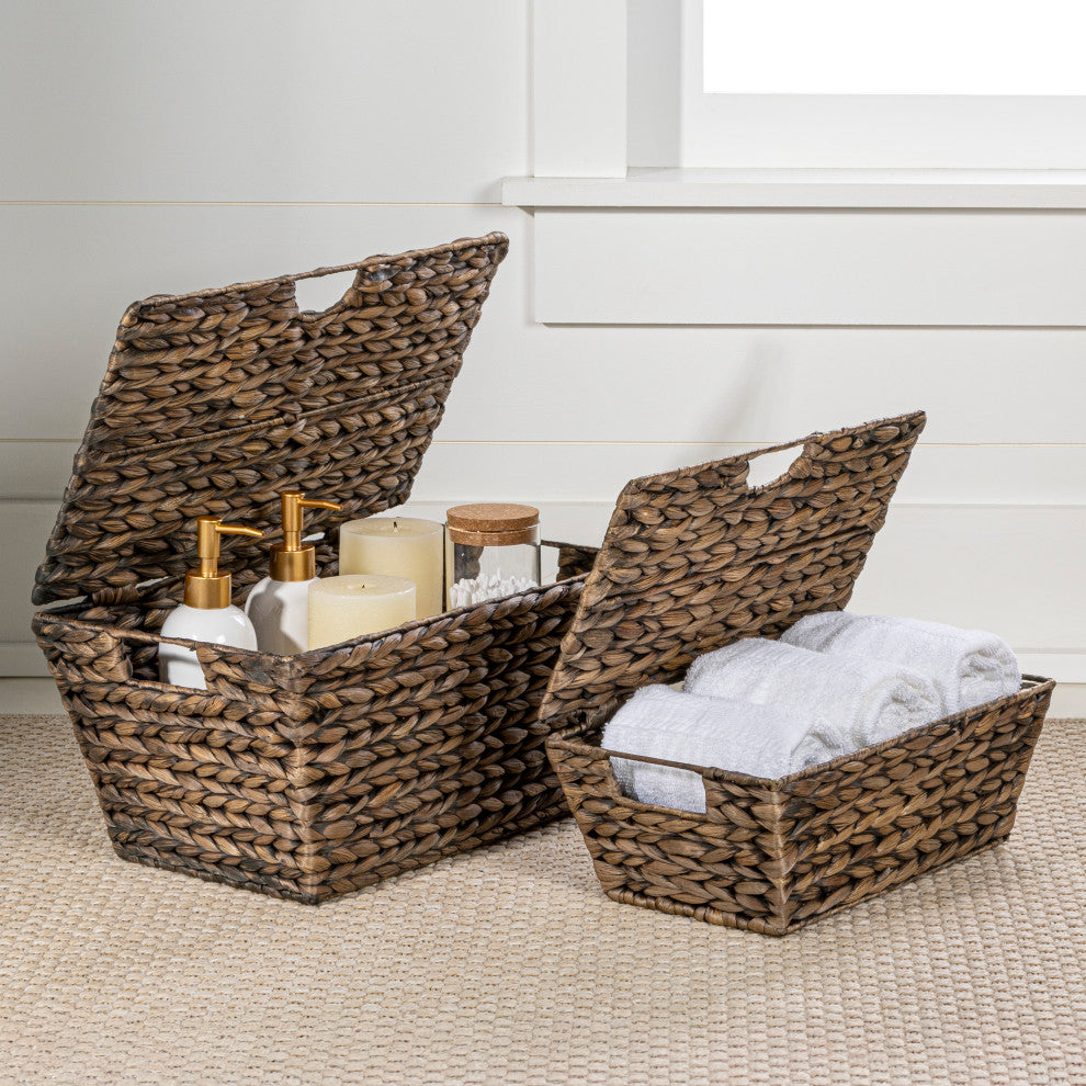 Wilder Woven Hyacinth Rectangular Storage Baskets With Lids, Handles, Set of 2