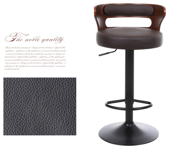 Metal Leg High Rotating Lifting Bar Stool Made of Leather, Black, Light Wood Backrest