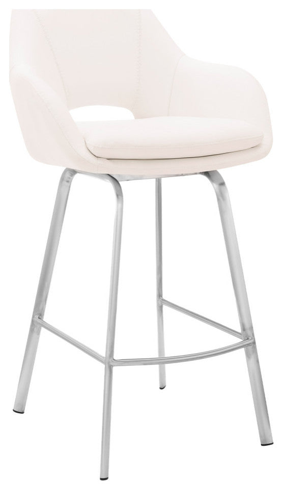 Aura Faux Leather and Metal Bar Stool, Stainless Steel and White, Bar Height, 29-32"