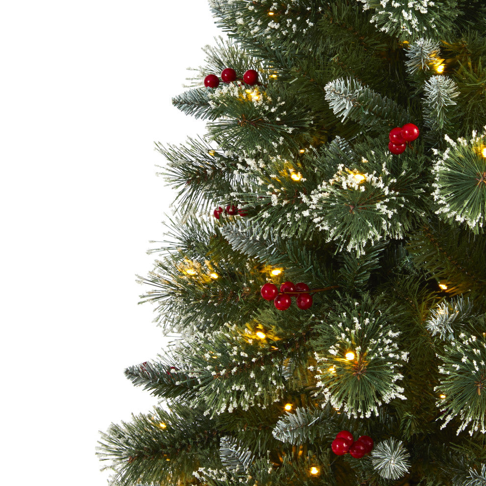 6' Frosted Swiss Pine Faux Christmas Tree With 300 Clear LED Lights and Berries