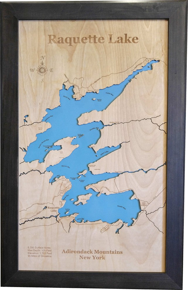 Raquette Lake, New York-Wood Lake Map, Large Framed