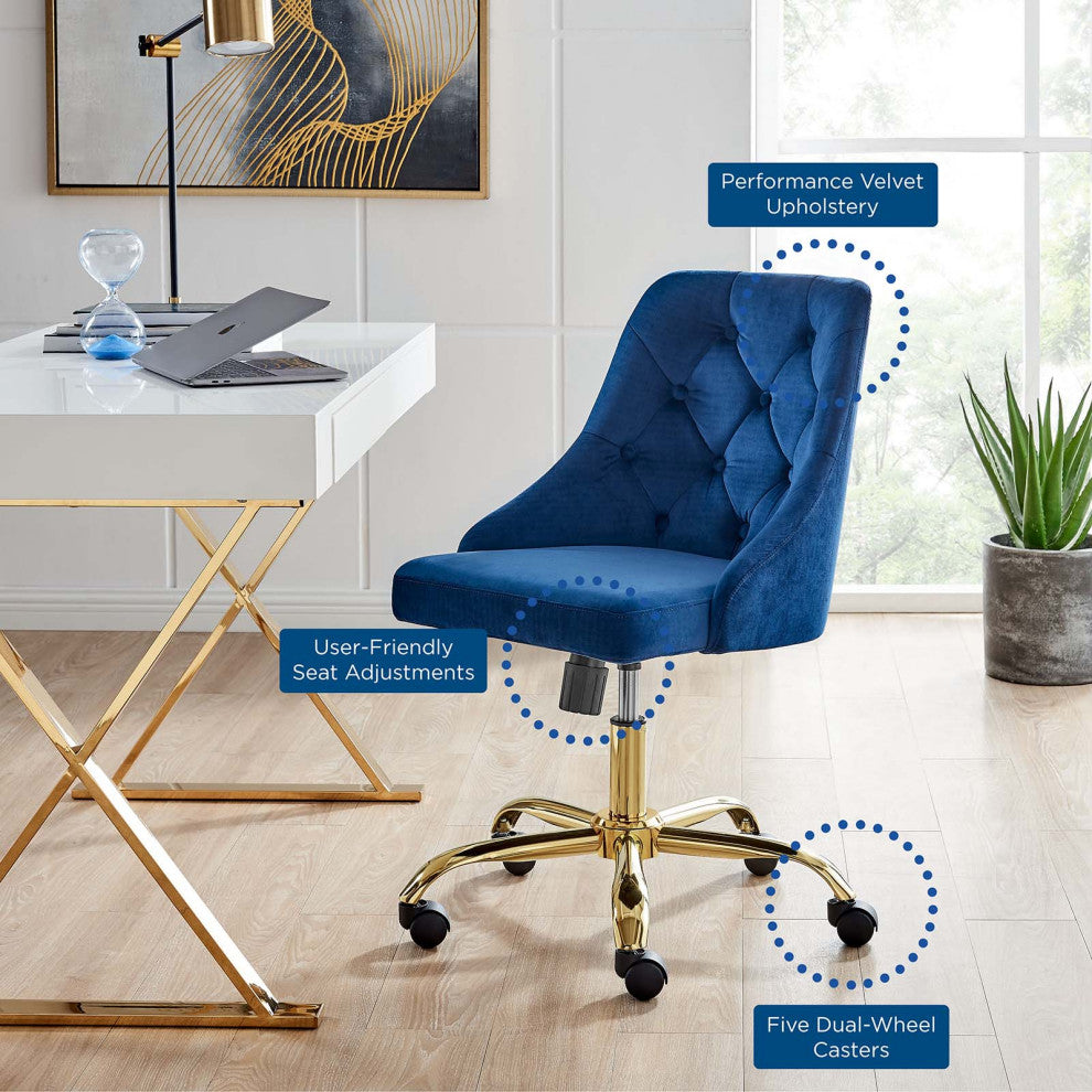 Computer Desk Swivel Tufted Chair, Velvet, Gold Blue Navy, Modern, Home Office