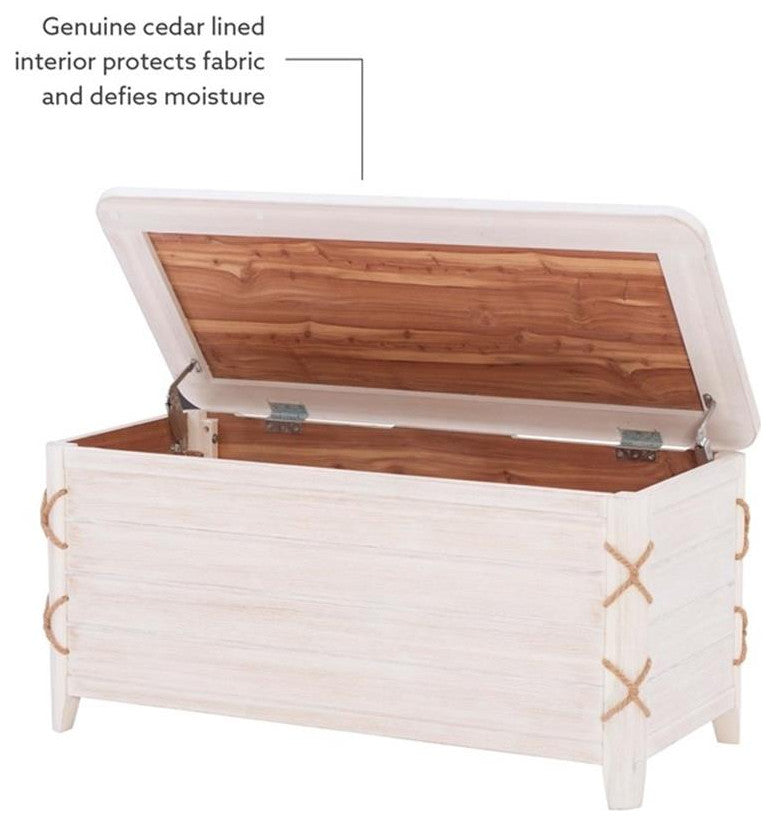 Linon Zana Cedar Lined Storage Chest with Rope Detail in White Distressed Wood
