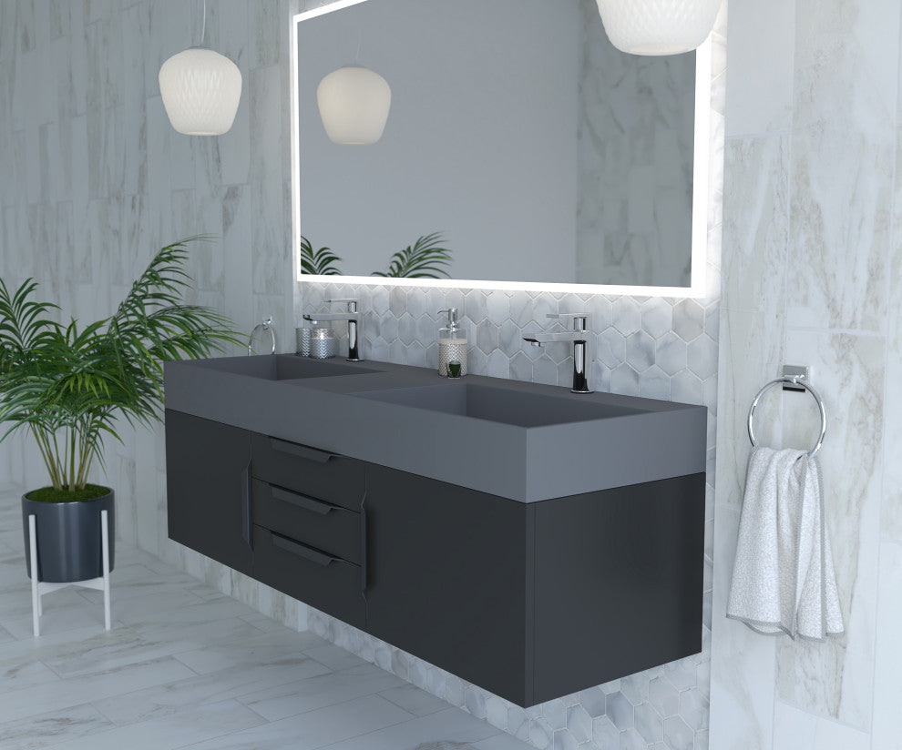CastelloUSA Amazon 60" Wall Mounted Bathroom Vanity Set, Black, Gray Top, Black Handles