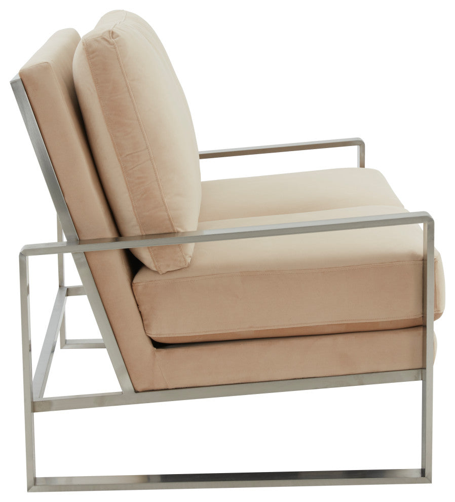 LeisureMod Jefferson Modern Design Velvet Loveseat With Silver Frame, Beige
