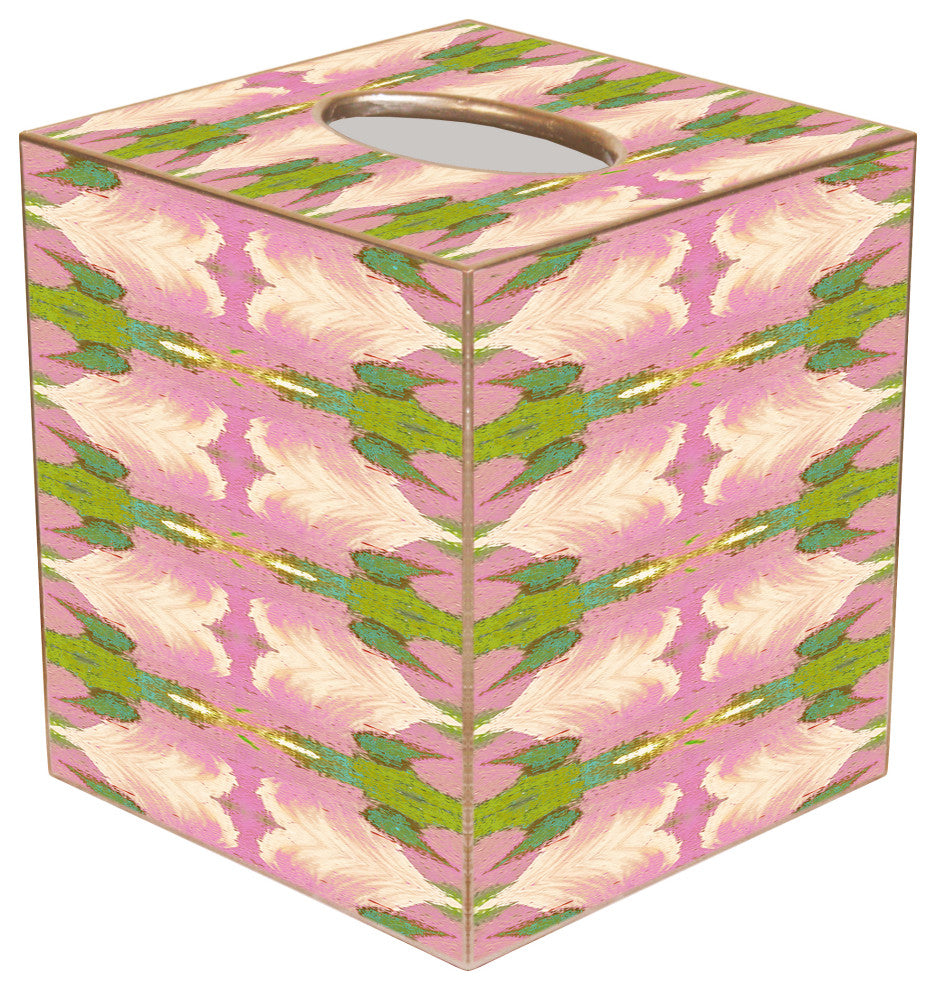 WB526LP-Laura Park Cabana Pink Wastepaper Basket, Scalloped Top and Wood Tissue Box Cover