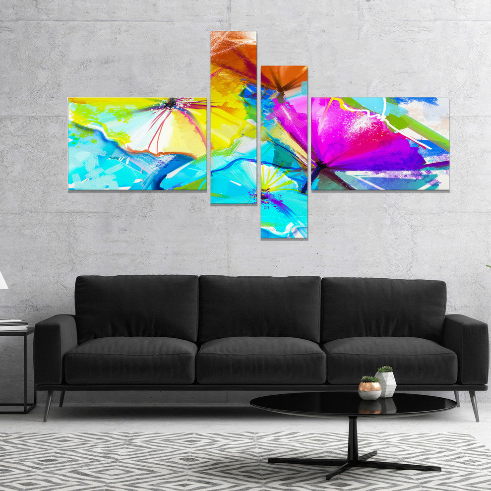 Abstract Spring Flowers Still Life, Large Floral Wall Art, 60"x32", 4 panels