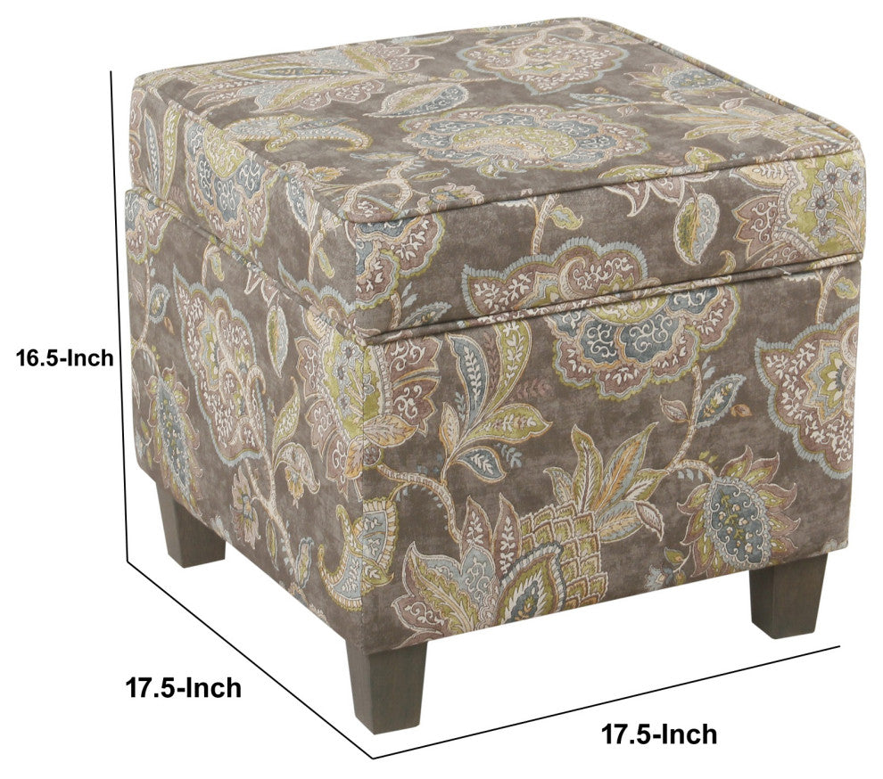 Floral Pattern Fabric Ottoman With Lift Off Top & Tapered Feet, Multicolor
