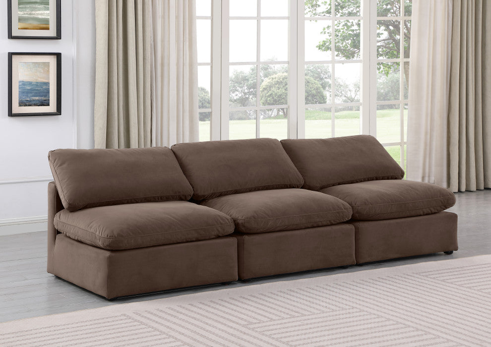 Indulge Upholstered Modular Sofa, Brown, 3-Piece: 3 Armless Chair, Down Stuffed Velvet