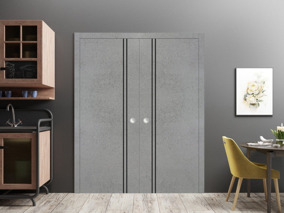 French Double Pocket Doors 72x80 | Planum 0016 Concrete with  | Kit Trims Rail