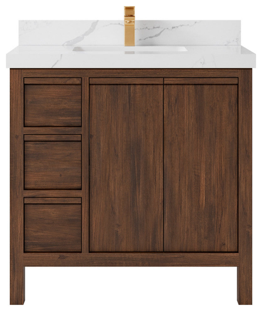 Elizabeth 36 Center Sink Bath Vanity in Dark Walnut Teak 2" Calacatta Laza