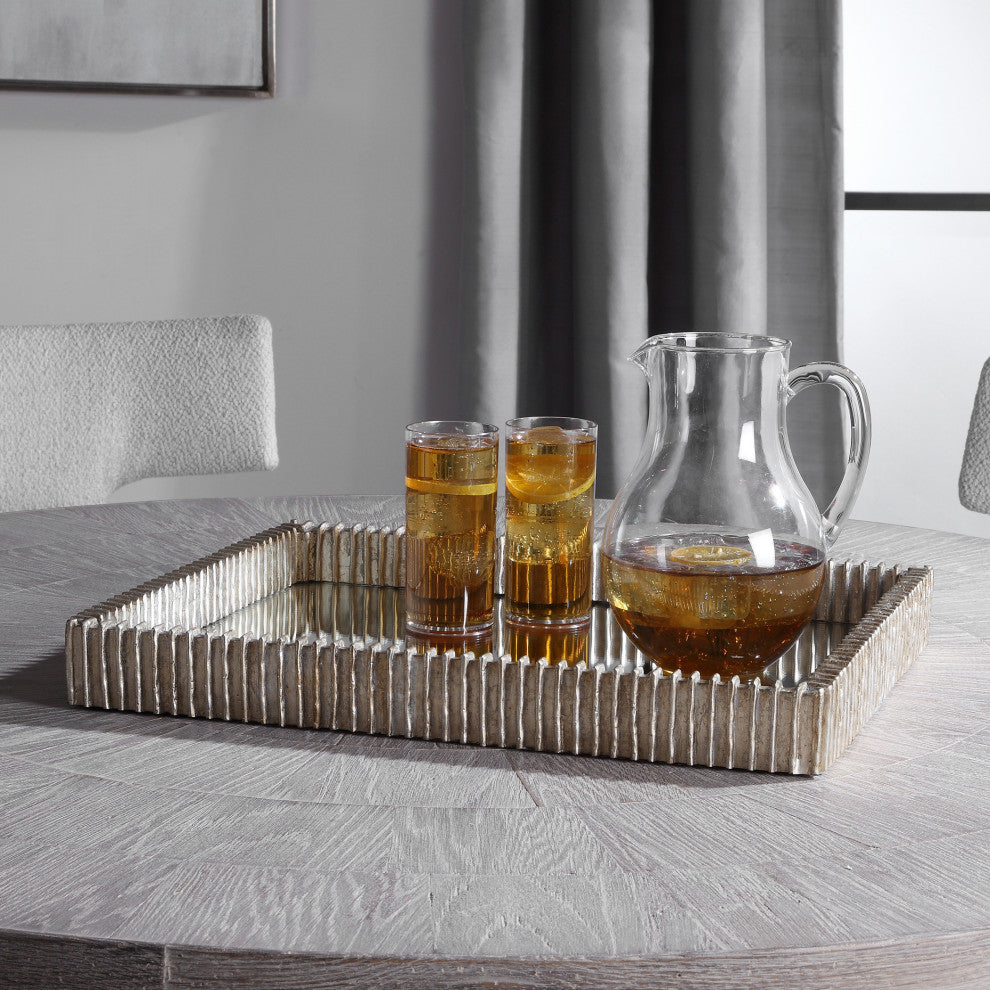 Ribbed Silver Frame Tray Decorative Serving Modern Mirrored