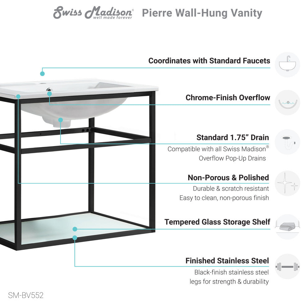 Pierre 24 Single, Metal Frame, Open Shelf, Bathroom Vanity, Black