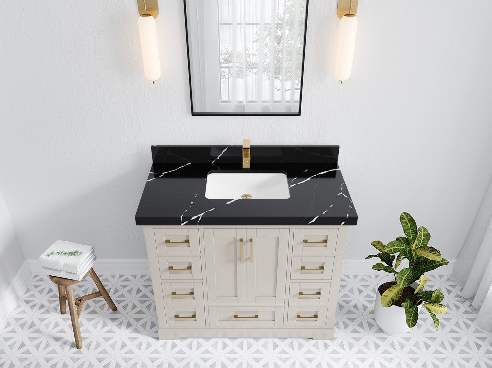 Boston 42" Single Sink Bath Vanity in Fine Grain 2" Calacatta Black