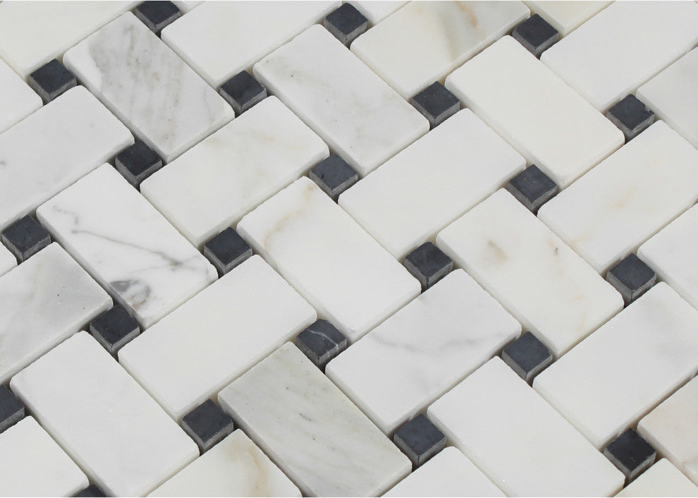 12"x12" Calacatta Gold Italian Marble Honed Basketweave Mosaic Tile, Black Dots