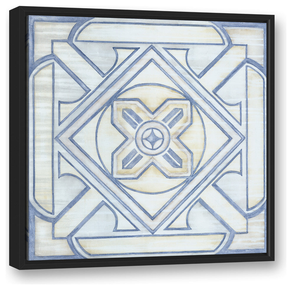 Blue and White Watercolor Tile 24x24 Black Floating Framed Canvas