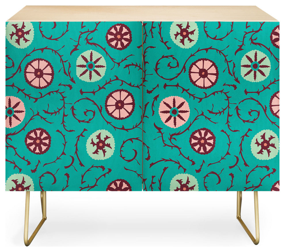 Deny Designs Suzani Turquoise Credenza, Birch, Gold Steel Legs