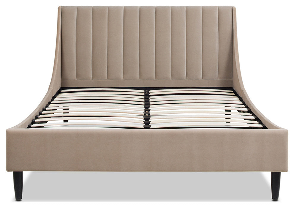 Aspen Modern Vertical Tufted Upholstered Platform Bed, Mink Beige Performance Velvet, Queen