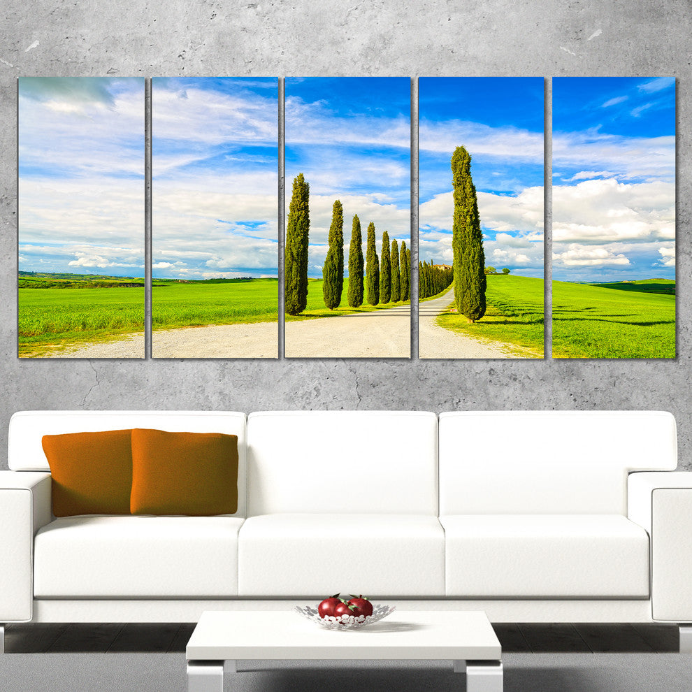 "White Road Through Cypress Trees" Landscape Wall Art Print, 5 Panels, 60"x28"