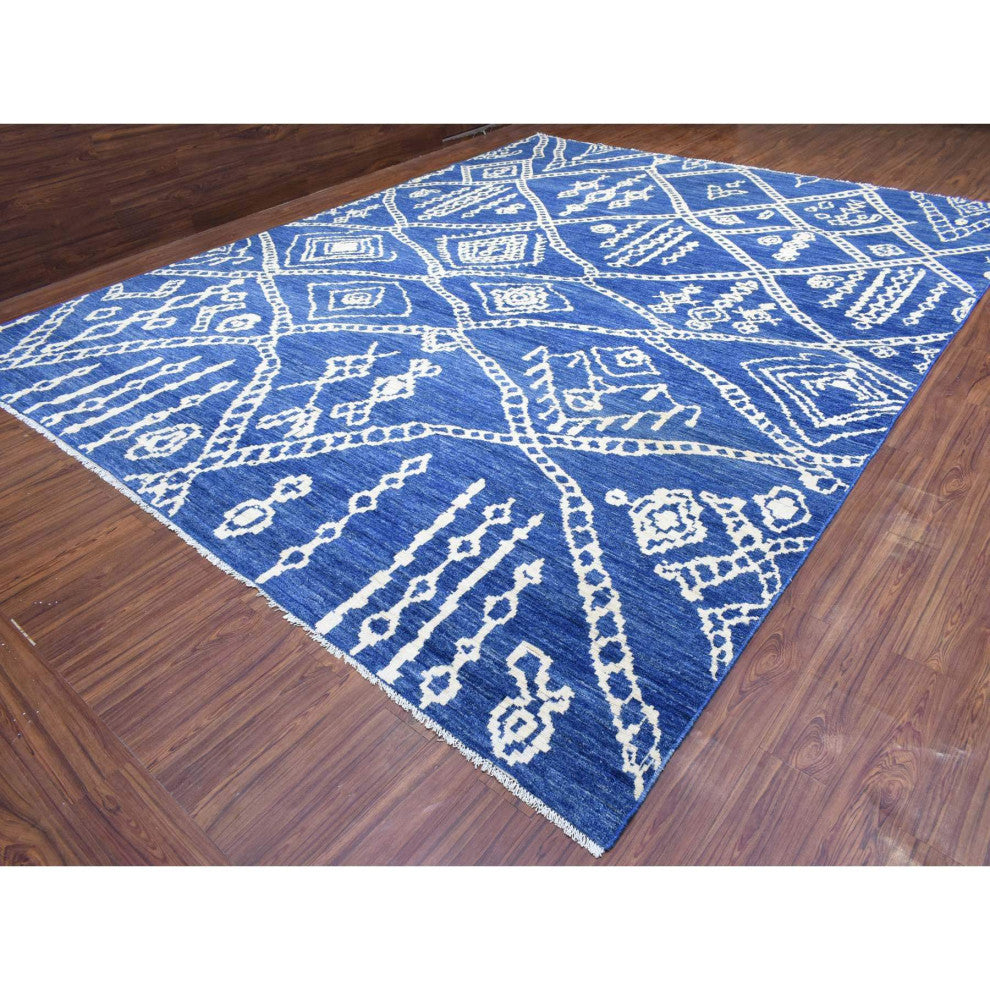 Blue Boujaad Moroccan Berber Pure Wool Hand Knotted Oversized Rug, 12'2"x15'2"