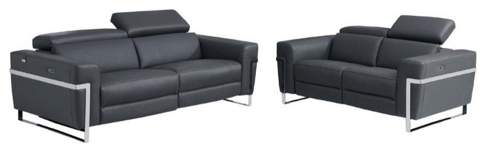 Prato Genuine Italian Leather Modern Sofa and Loveseat, Dark Gray
