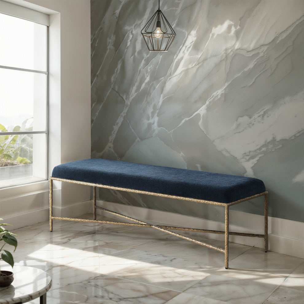 Valley Upholstered Bench, Navy, 54" W x 18" D, Gold, Chenille Fabric