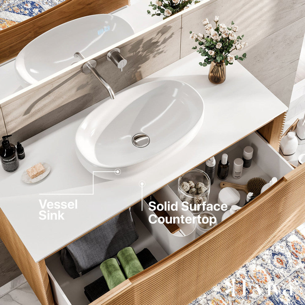 Eviva Leah 32" Medium Oak Wall Mount Solid Ash Wood Bathroom Vanity