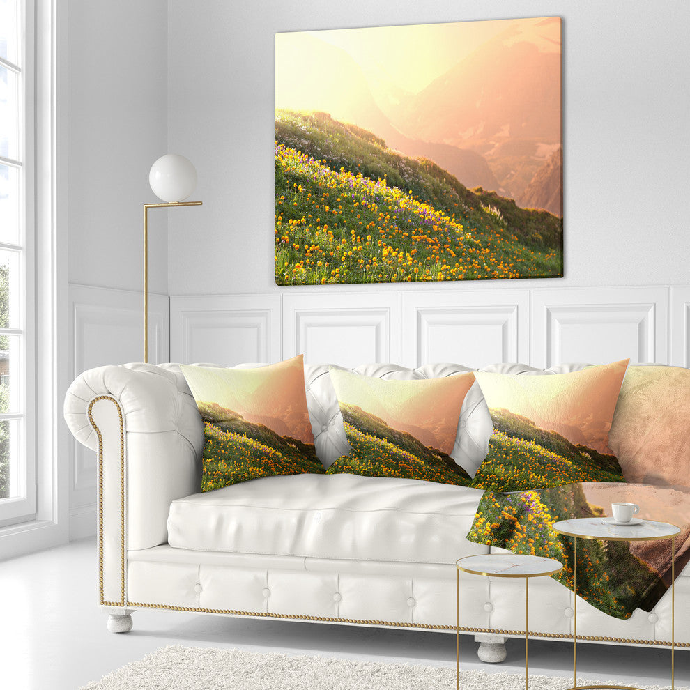 Flowering Mountain Meadow View Landscape Printed Throw Pillow, 18"x18"