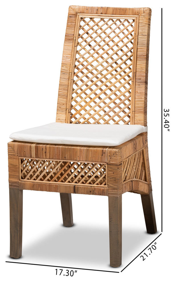 2 Pack Dining Chair, Unique Lattice Rattan Covered Frame & White Cushioned Seat
